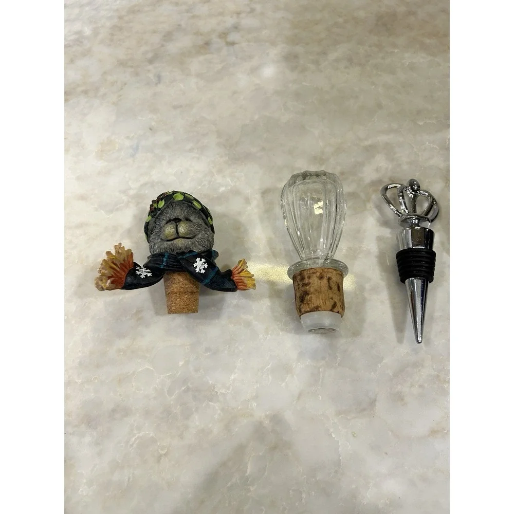 Lot of 4 Novelty Animal Bottle Stoppers, Cork Glass Metal, Reusable